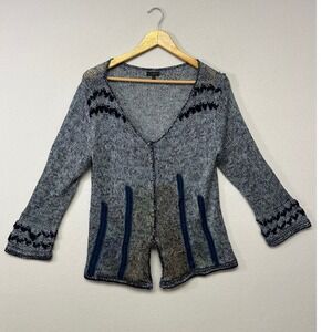 Boho Artsy double u Women L Blue Marled Open Knit Ribbon Trim Cardigan Sweater